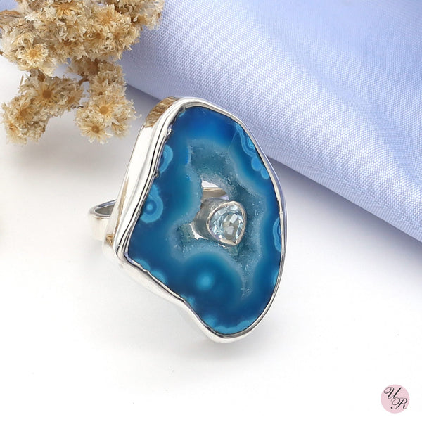 Blue Agate, Blue Topaz Ring (Adj.)