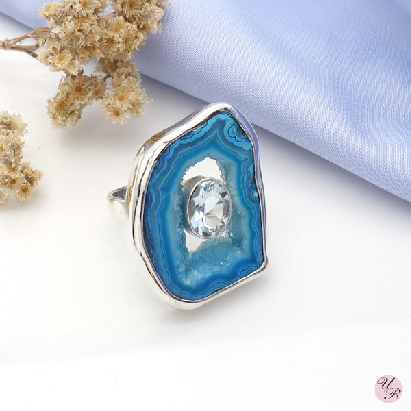 Blue Agate, Blue Topaz Ring (Adj.)