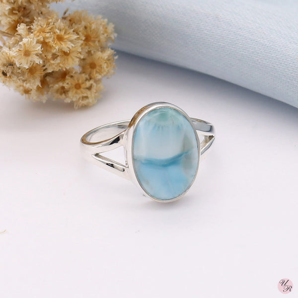 Exquisite handcrafted Larimar ring with unique blue ocean hues.