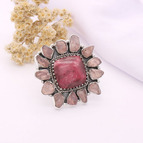 Thulite, Rose Quartz Ring (Adj.)