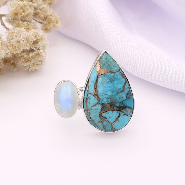 Blue Copper Turquoise, Moonstone Ring