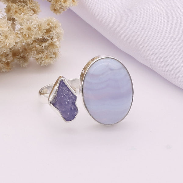 Blue Lace Agate, Tanzanite Rough Ring (Adj.)