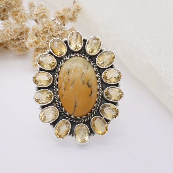 Unique adjustable ring with yellow dendritic agate, one-of-a-kind design.