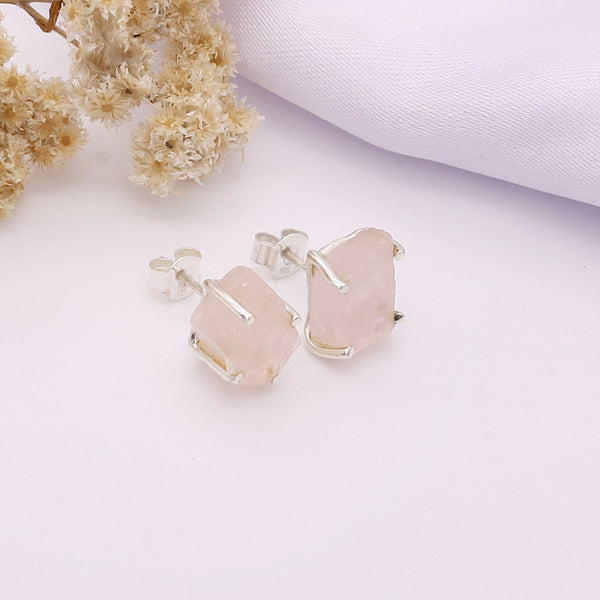 Unique raw rose quartz stud earrings, natural and one-of-a-kind.